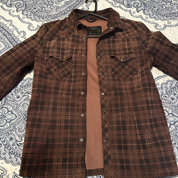 All Saints Mens FUTILE Leather Shirt Jacket MEDIUM Check Tartan suede Biker - Picture 3 of 6